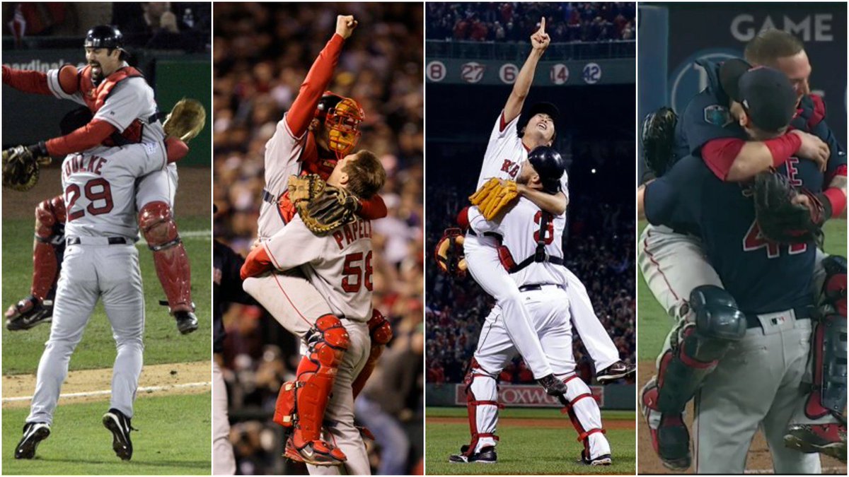 JonCouture's tweet photo. Combined into one shot, still hard to believe. After zero in 86, four in 15. (First three photos via @AP.) #RedSox #WorldSeries https://t.co/eKaiqGkhgW