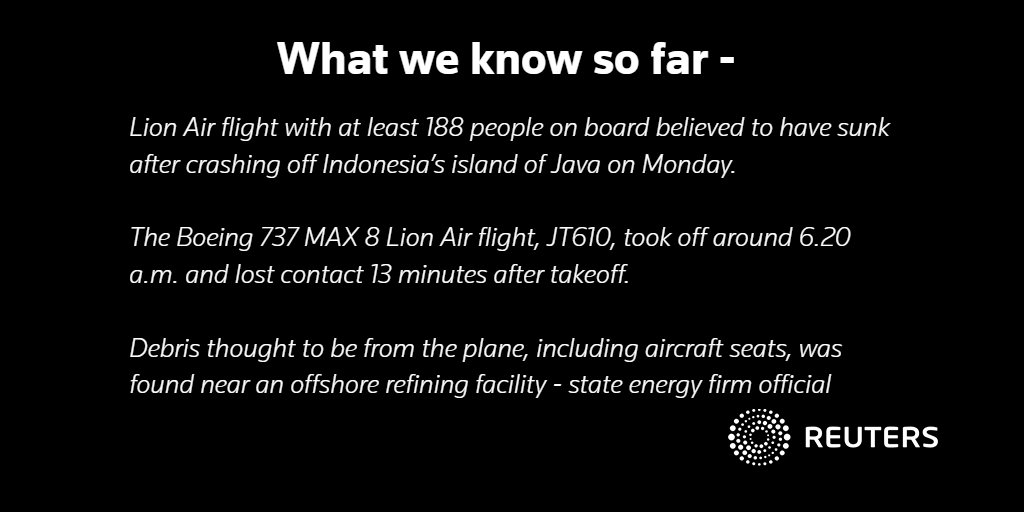 Reuters's tweet photo. UPDATE: Here's the latest on Indonesia's Lion Air flight #JT610 believed to have crashed in Java Sea with 188 aboard https://t.co/uEQnDYoBZ3