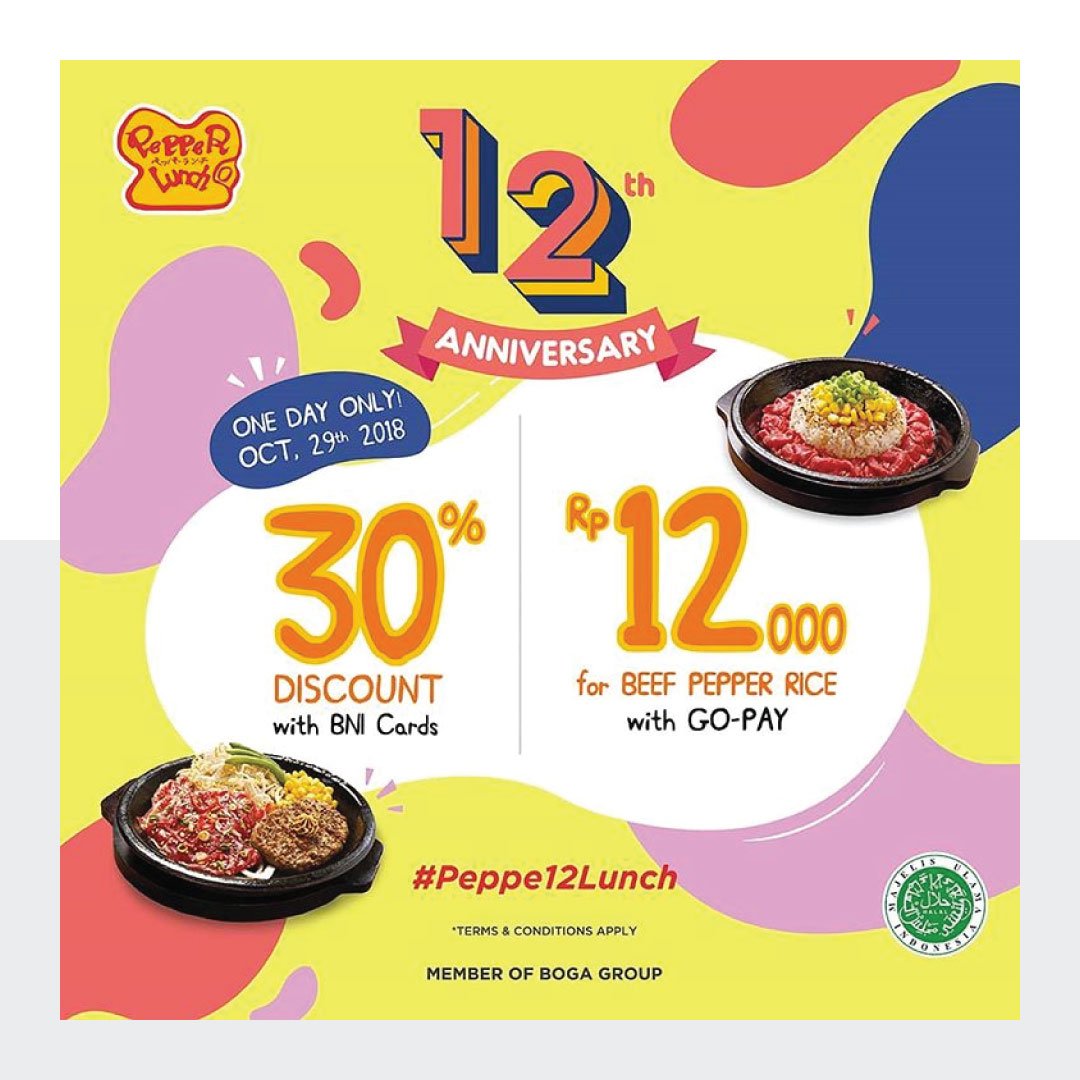 GetDiskon's tweet photo. Spesial banget hari ni soalnya ada promo 12th Pepper Lunch!
Only Rp 12.000 for Beef Pepper Rice with Go-Pay at Pepper Lunch Jabodetabek
30% discount with selected BNI credit and debit cards at all Pepper Lunch Indonesia

Serbu guys!

#getdiskon #promo  #pepperlunch #gopay https://t.co/wuW7TwsXGf