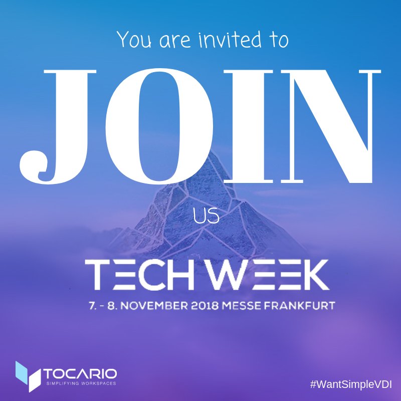 Experience a new generation of #CloudWorkspaces. Simple and for every company size. More information at @tocario_com or visit our booth 825 at #techweek. Free tickets are available at: techweekfrankfurt.de/tocarioGmbH #WantSimpleVDI #VDI #VirtualDesktop #DaaS #SelfService #CloudTech
