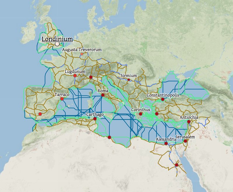 46. Oh this is fascinating! A team at Stanford made a "geospatial network model of the Roman world" – you can play around and check out the travel times! and really cool just to see the old names in a modern interface h/t  @simongerman600 for sharing  http://orbis.stanford.edu/ 