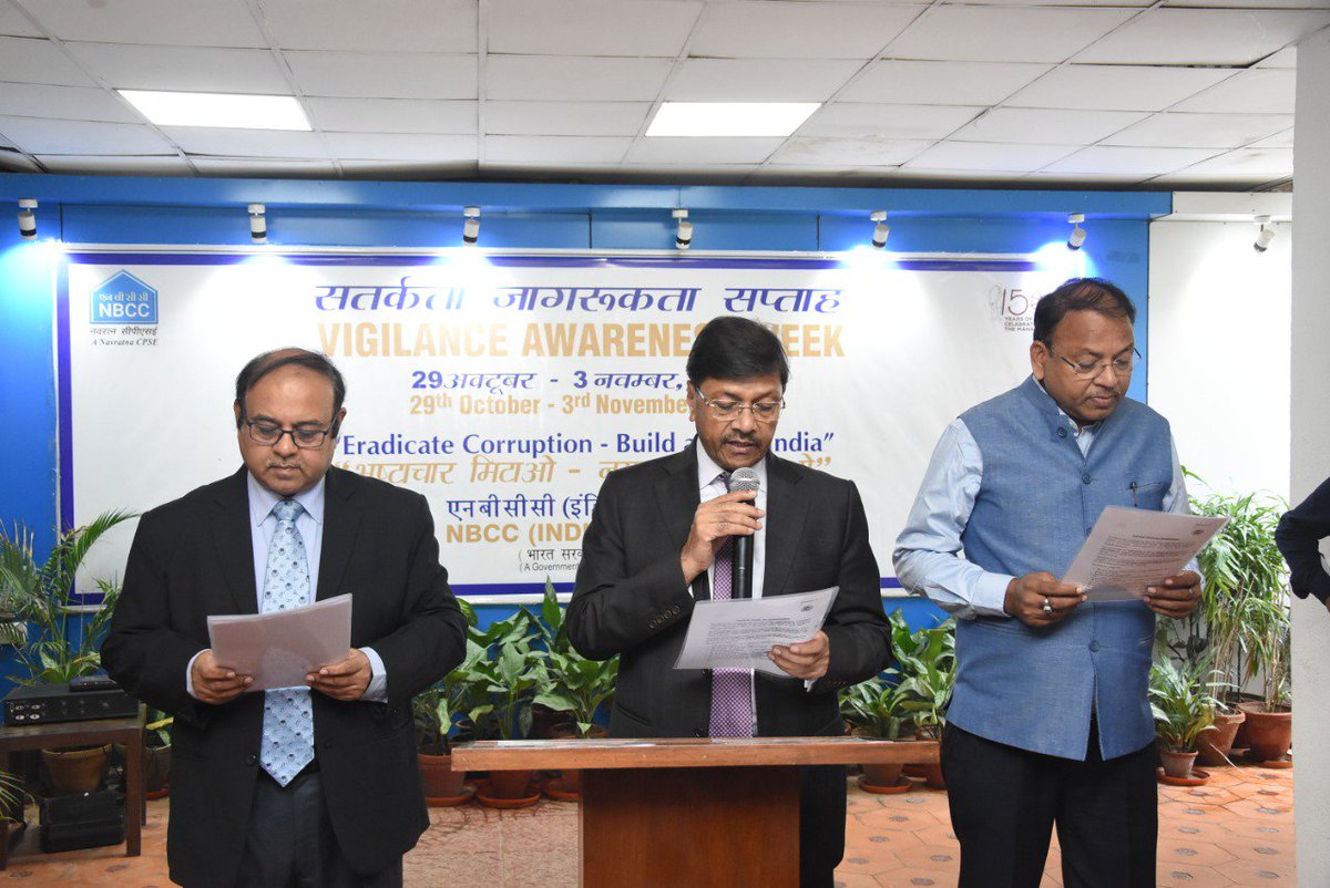 OfficialNBCC's tweet image. CMD, NBCC @DrAK_Mittal; DC, Shri. Rajendra Chaudhari; CVO, Shri. Sanjiv Swarup, along with senior officials &amp;amp; employees took the Integrity Pledge, as part of 'Vigilance Awareness Week' which commenced from today.  #vigilanceweek2018