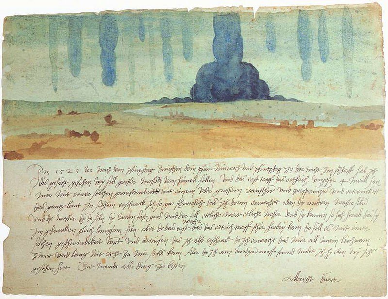 Eerie sketch made by Durer after apocalyptic nightmare of huge waterbombs falling on desolate landscape “accompanied by wind and roaring so frightening, that when I awoke my whole body trembled and I could not recover for a long time” (1525) publicdomainreview.org/collections/th…