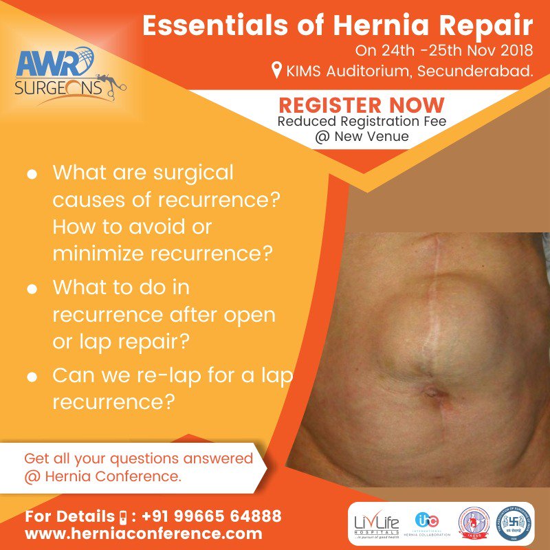 herniaconfernce's tweet photo. What are the Surgical Causes of Recurrence? How to minimize it? How to in recurrence after open lap repair? Can we re-lap for a lap recurrence? 
Get answers to all your queries related to Complex Hernia and its Repairs. 
Register now: https://t.co/QzteI0IqjN
#HerniaConference https://t.co/YVd2mzoIeC