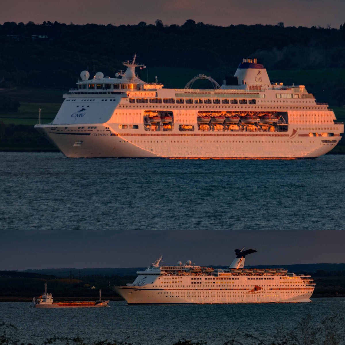 Netherlands bound @CMVoyages cruise ships caught by yesterday’s setting sun: Magellan heading for <a href="/PortOfRotterdam/">Port of Rotterdam Authority</a> and Columbus for <a href="/PortofAmsterdam/">Port of Amsterdam</a> (Repost – prior post showed two Magellan pics… well spotted <a href="/StephenDix2/">Stephen Dix</a>) #Thames