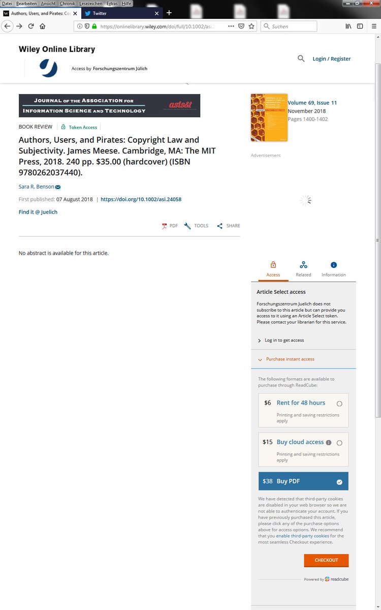 BMittermaier's tweet photo. Now that #openaccessweek2018 is over, we should all come back to normal and pay $38 for a review about a book which itself is sold for $33. https://t.co/x7fsqfSWd8 https://t.co/3v3dsoYjRL