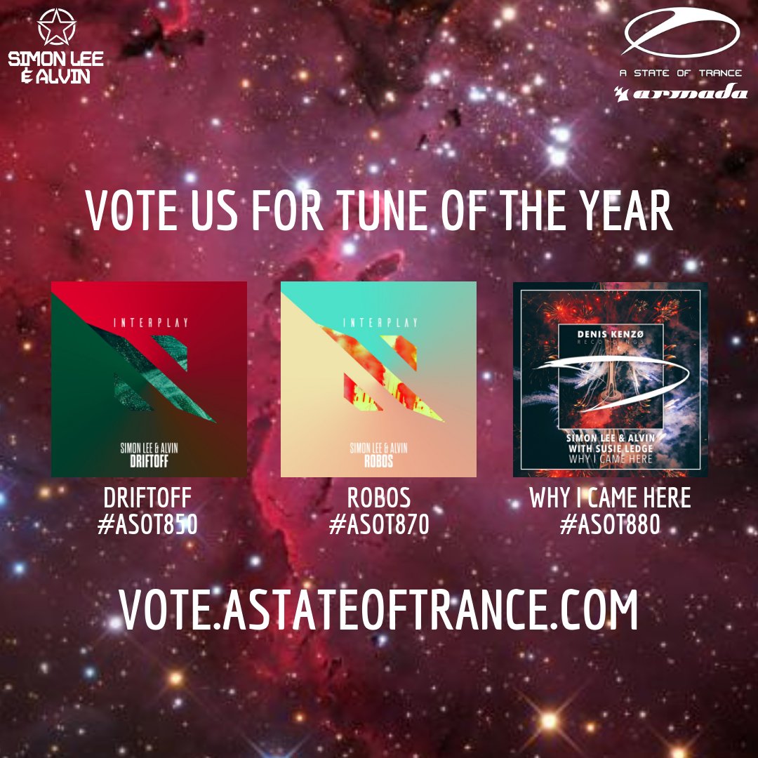 simonlee_alvin's tweet photo. π’ Please vote us for @asot Tune of The Year! π²πΎ
DRIFTOFF β― Played on #ASOT850
ROBOS β― Played on #ASOT870
WHY I CAME HERE β― Played on #ASOT880
βΆβΆβΆ https://t.co/atVz385JjG βββ
Thank you for the support! ππ
@Arminvanbuuren @ArmadaMusic #TranceFamily #ASOT #ASOT890 https://t.co/mEThQHxvul