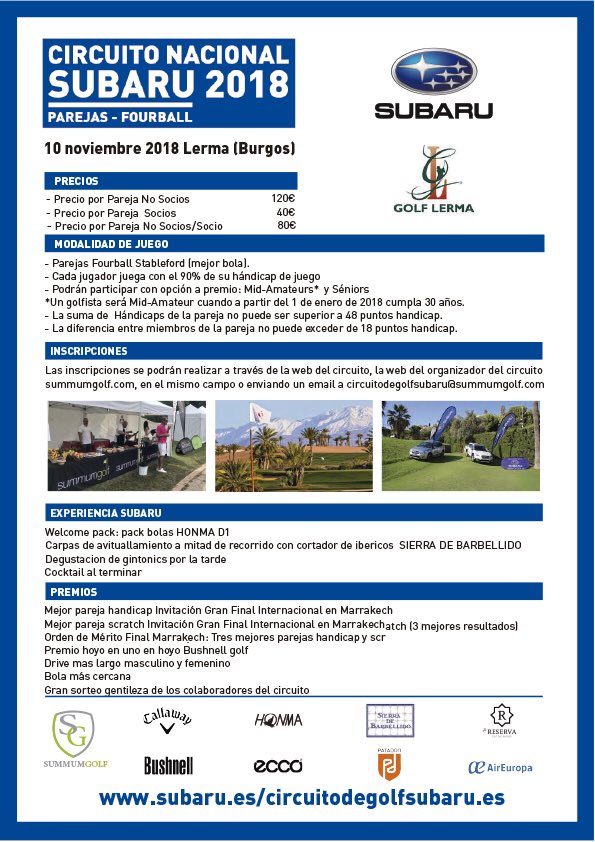 Por causas meteorológicas nos hemos visto obligados a cambiar de fecha y sede el último torneo del circuito <a href="/subaru_es/">Subaru España</a> que se celebrará el sábado 10 de noviembre en <a href="/GolfLerma/">Golf Lerma & Saldaña</a> donde se conocerán las últimas parejas clasificadas para la final internacional en Marrakech #subaristas