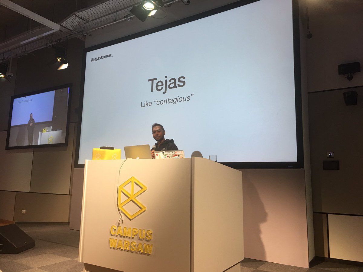 vivensio's tweet image. THE DUDE @TejasKumar_ has taken the stage - and he is full of crazy energy! I love the way he tells audience how to pronounce his name. 😂 #ConFrontJS
