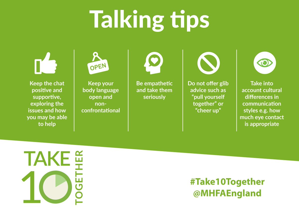 MHFAEngland's tweet photo. Many of us will experience a #MentalHealth issue in our lifetime - when was the last time you talked openly about it? You don't need to be an expert to start a conversation. If you're not sure how to, our #Take10Together toolkit has some tips: https://t.co/uzmN75Crne https://t.co/qXgKvvQFAt