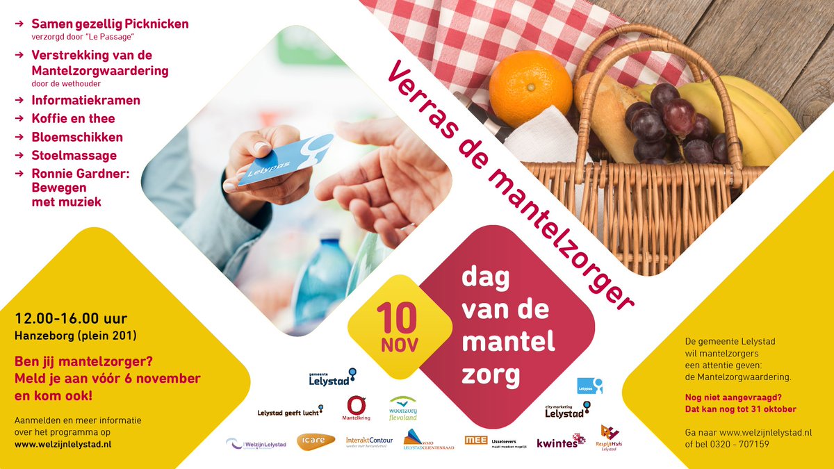 WelzijnLelystad's tweet photo. 10 november is de dag van de mantelzorg. Daar worden mantelzorgers  extra in het zonnetje gezet. In Lelystad dit jaar met o.a. een picknick,  stoelmassage, bloemschikken, informatiekramen en natuurlijk de  uitreiking van de mantelzorgwaardering. 
Meld u zich vòòr 6 november aan. https://t.co/fyFiSuZBi2