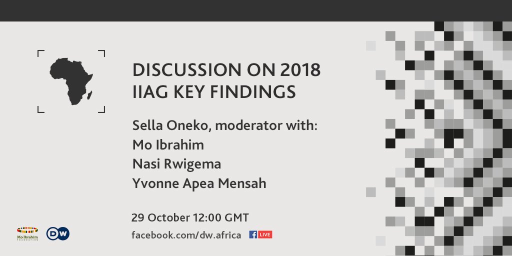 Mo_IbrahimFdn's tweet photo. Don't forget: tune in today at 12:00 GMT for a Facebook Live discussion on the 2018 #IIAG key findings! Join us and ask your questions about #governance in #Africa using #AskMIF https://t.co/GQGBI0y8Dn https://t.co/Kk610uz7p3