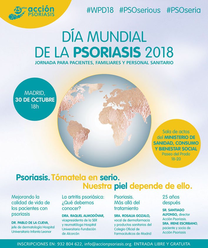 accionpsoriasis's tweet photo. Hoy, #DíaMundialPsoriasis, reivindicamos que la #psoriasis es algo grave y debemos tomarla en serio. En esta dirección van los actos que hoy y mañana organizamos en #Madrid. Te lo explicamos en un rato. Info e inscripciones: https://t.co/A40iY2Rje7 #PSOserious #PSOseria https://t.co/qiuaJi1FNY