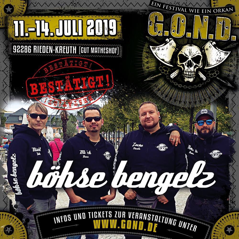 GONDfestival's tweet photo. Die BÖHSEN BENGELZ sind für die G.O.N.D. 2019 bestätigt.
Was für ein Line-Up bisher!!!
Toxpack ... Goitzsche Front ... Unantastbar ... Kärbholz ... KrawallBrüder ... Haymaker ... uvm.
#gond #openair #festival #gond2019 #liveband #music #skull #party #kreuth https://t.co/6NxU6cHkC1