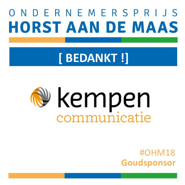 Ondernemerprijs's tweet photo. Ook @KempenComm ondersteunt ons. Dit middels aandacht in de HALLO Horst aan de Maas én het maken van de prachtige filmpjes, visuals en huisstijlitems.
Kempen Communicatie maakt bedrijven zichtbaar. Dank voor jullie steun!
https://t.co/wp3ZQiU6Wl
#ohm18 #sponsoren #bedankt https://t.co/TKwmMKaUZ3