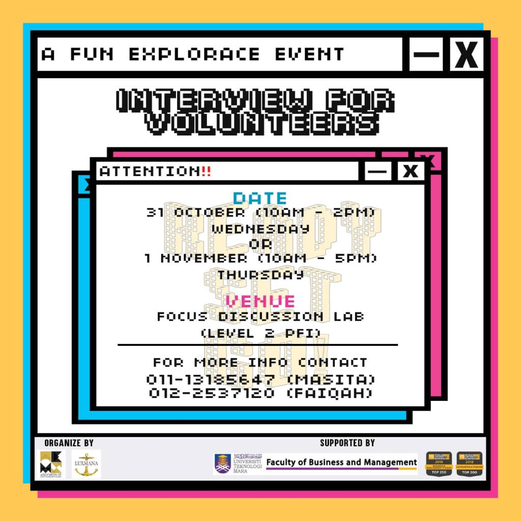 luxmana_ev's tweet image. Hello volunteers out there 😊

Are you guys ready to be part of LUXMANA EVENT‼️⁉️
Join the interview session for &quot;Ready Set Go!” Fun Explorace 🏃🏻‍♂🏃🏻‍♂

For any inquiries regarding this please contact: 
🧕🏻Faiqah - (+60122537120)
🧕🏻 Masita - (+601113185647)