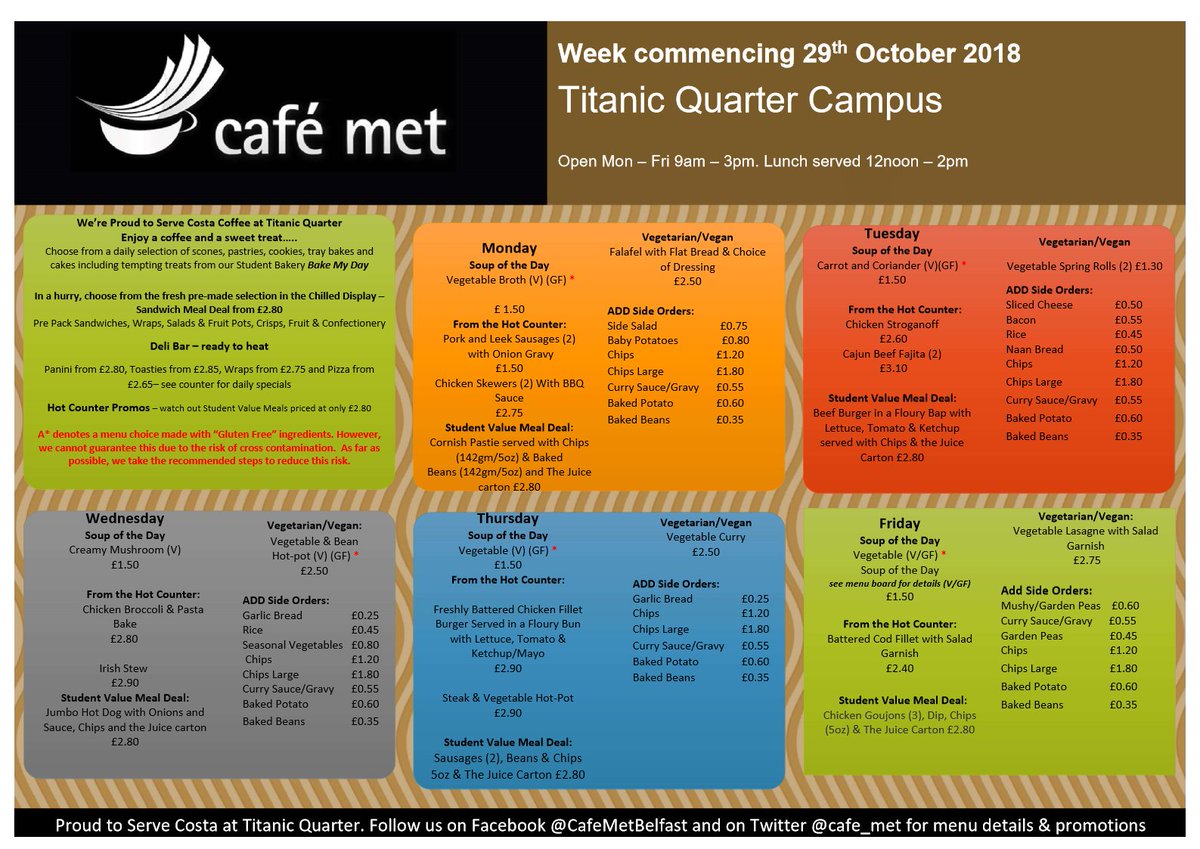 cafe_met's tweet photo. Mid-term this week so Cafe Met at Titanic Quarter will be open from 9am - 3pm Mon - Fri. Enjoy the break if you're lucky enough to be off #CafeMetWeeklyMenu #bonappetit https://t.co/B5Pcd46avs