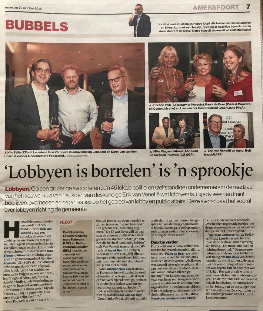 Zo lobbyen ondernemers bij de gemeente. Lees de societyrubriek van <a href="/JacquesHappe/">Jacques Happe</a> in de Amersfoortse Courant. <a href="/adacredactie/">Amersfoortse Courant</a> <a href="/Hetgrotelobbyen/">Het Grote Lobbyen</a> <a href="/ZPointLeusden/">ZPoint Leusden</a> <a href="/NilsZelle/">Nils Zelle</a>