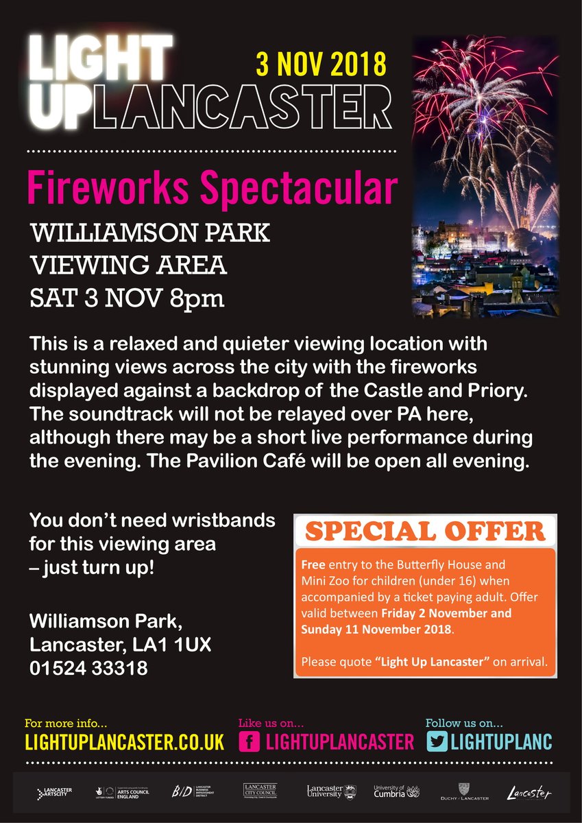 WilliamsonPark's tweet photo. This Saturday, we will be an official viewing location for @LightUpLanc's Fireworks Spectacular at 8pm.

It will be a relaxed and quieter viewing area without the soundtrack on the PA, with stunning views across the city. 

No wristbands required https://t.co/JjMvoPh41u https://t.co/u5UXHdm9eQ