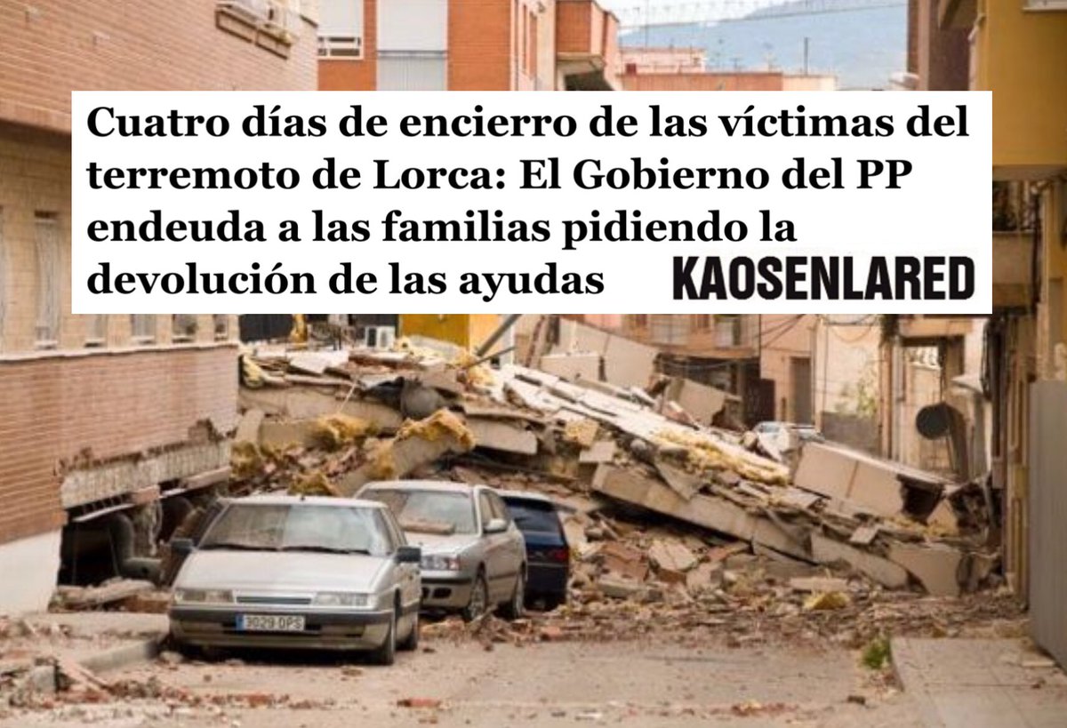 ¿Recuerdan el terremoto de Lorca de 2011, que causó 9 víctimas mortales y daños en el 80% de los inmuebles?
El Gobierno Regional del PP ha estado exigiendo a cerca de 3.000 familias que devuelvan las subvenciones, concedidas a medias por el Estado.
kaosenlared.net/cuatro-dias-de…