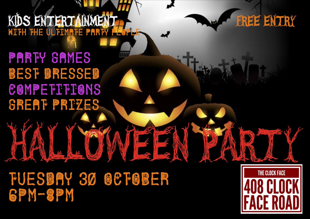Theclockface's tweet image. Our kids Halloween party is this Tuesday from 6pm! Find the spookiest costume you can and bring your kids along for some ghostly games and fiendish fun plus a best-dressed competition and some great prizes to be won! 
With @upartypeople