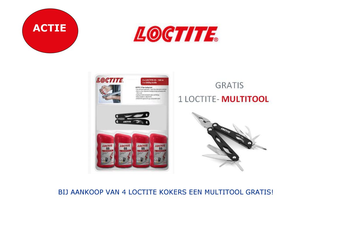 Mailactie week 44: Bij aanschaf van 4 kokers Loctite een multitool gratis. Op=Op. Ga snel naar webshop.salo.nl/mailactie