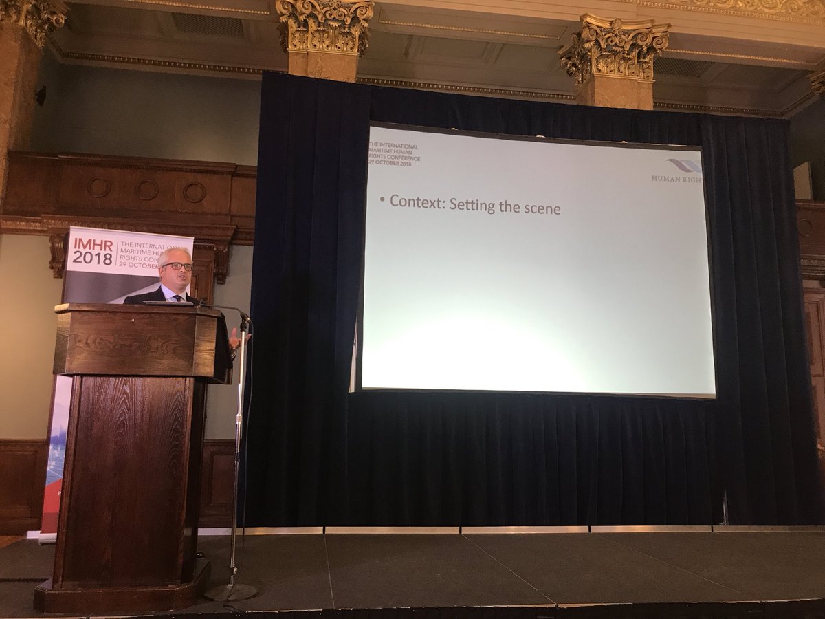 IntMHR's tweet image. The final speaker of the day is @davidehammond01 covering ‘Resources to help crew understane their rights’, showing films produced by @hratsea regarding implementing the UN guiding principles on business and human rights in the maritime sector #IMHR2018 #MakingASplash