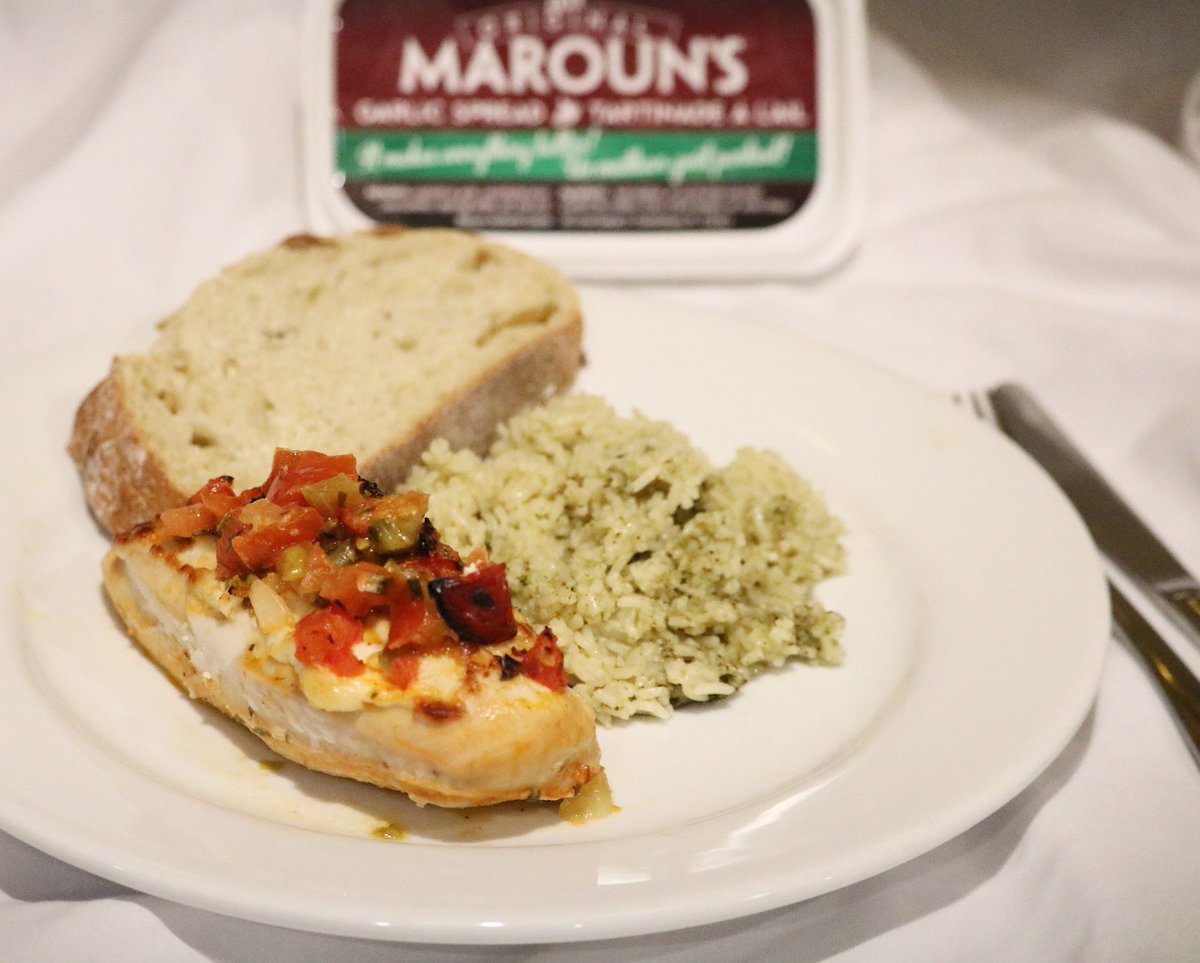 🍴 What's for supper? Today we are having chicken breast. Topped with The Original Maroun's Garlic Spread, Salsa and then baked in the oven. Yum! For a side we have cilantro &amp; lime instant rice and garlic bread!