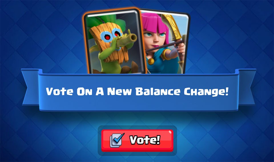 ClashRoyale's tweet photo. Head in-game, and vote on the change you want to see in the November Balance Update! 🗳️ 🗳️ 🗳️ https://t.co/WnrXEBDJq3