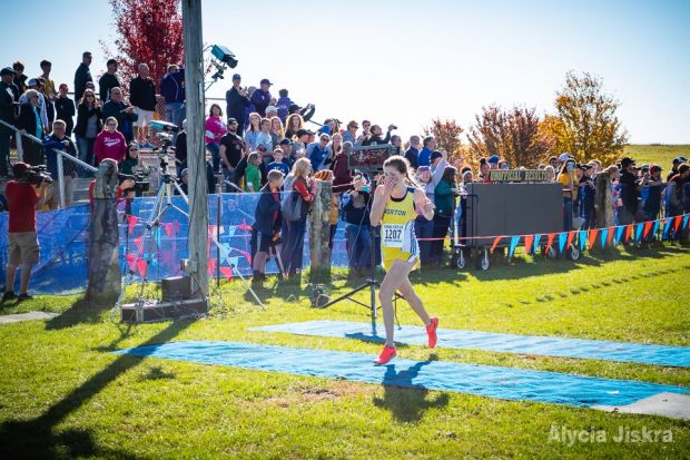 The reaction from Norton's Lexi Kats was priceless when she crossed the finish line to capture her first state title. The junior had several top-4 finishes in track/xc but finally broke through over the weekend. (Photo by Alycia Jiskra)