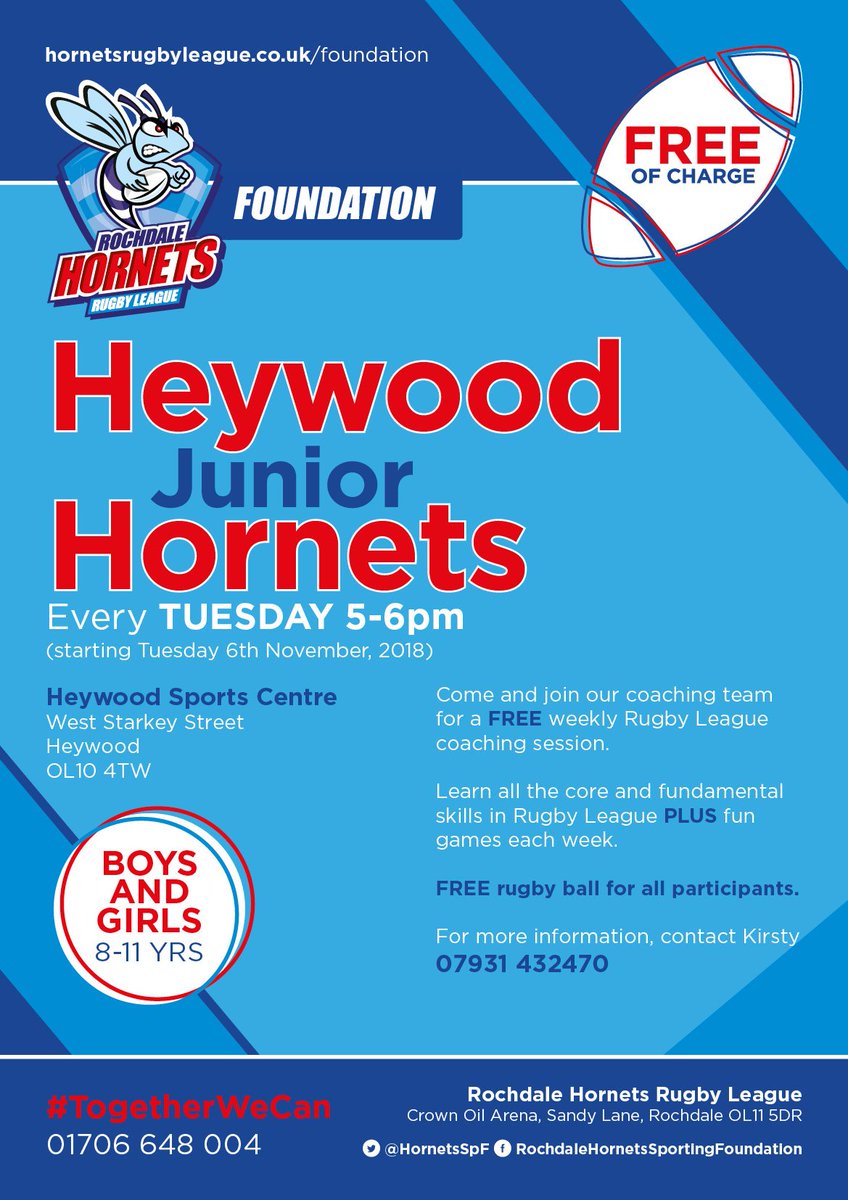 A week tonight we will be starting Junior Hornets!

The sessions are for Boys &amp; Girls between 8-11 include a free rugby ball! 

📅 Tuesday 6th
⏰ 5pm - 6pm
🏁 Heywood Sports Village, W Starkey Street, OL10 4TW
💷 Free!

Contact Kirsty for additional details on 07931 432470.
