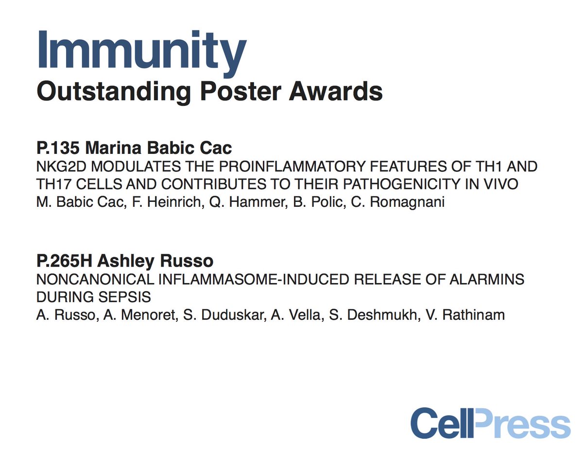 KavithaSci's tweet photo. Congratulations to the recipients of the @ImmunityCP Outstanding Poster Awards for #Cytokines2018 - Marina Babic Cac @RomagnaniLab & Ashley Russo @RathinamVA lab! https://t.co/Ihj6fGsBHX