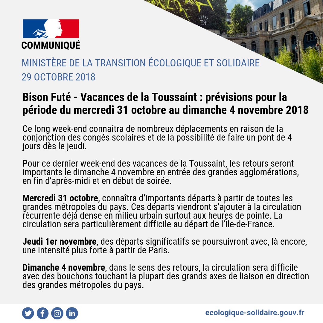 Ecologie_Gouv's tweet photo. 🚘 #Communiqué | Bison Futé - Vacances de la Toussaint : prévisions pour la période du mercredi 31 octobre au dimanche 4 novembre 2018.
Pour plus d'informations 👉https://t.co/XxJpD6I5kF 
Pour rester informé 👉 https://t.co/KYaZ17OsQT https://t.co/ZNf2AIqaTt