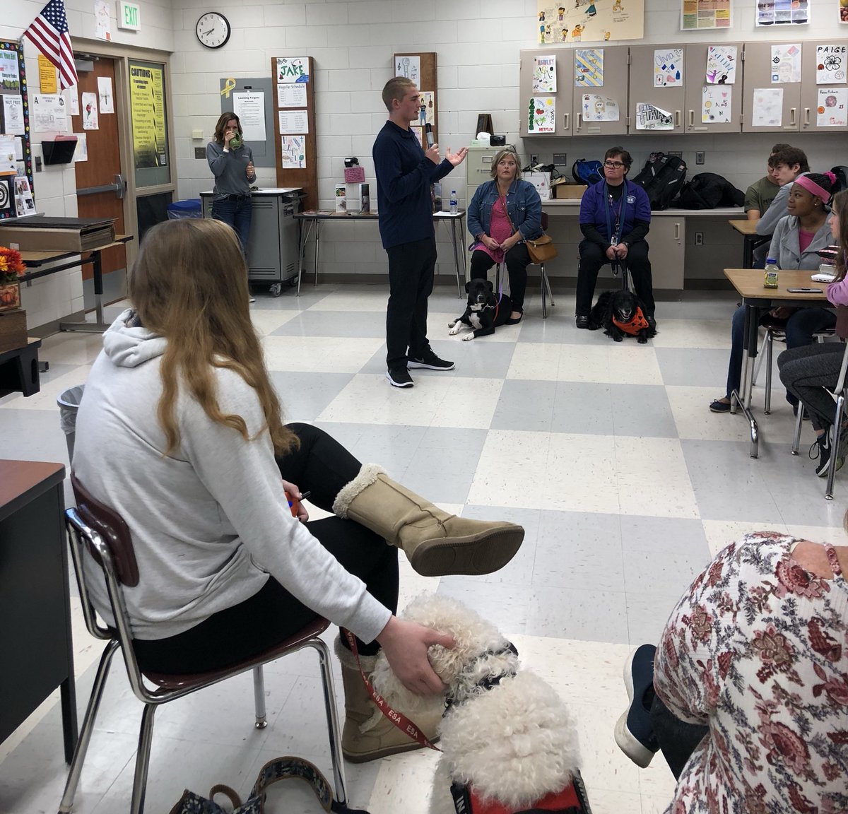 Proud to have AHS Alumni @TraskAngell (class of ‘17) here today. He founded the Latern Program to increase mental health awareness w/ youth. He partners w/ K9s from Carrie & Therapy Dogs International to Pet Away Worry & Stress (PAWS). #HuskyPride #HuskyPAWS #Together #HuskiesHS