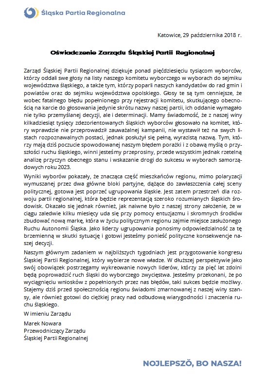 Czas na powyborczą refleksję. Prezentujemy oświadczenie Zarządu Śląskiej Partii Regionalnej.
#ŚPR #wybory2018 #Śląsk #GórnyŚląsk #Silesia