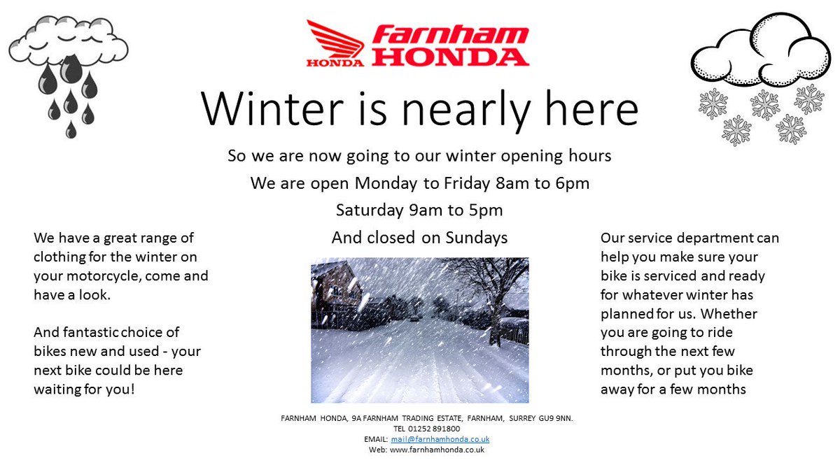 Winter is nearly here so we are now going to our winter opening hours We are open Monday to Friday 8am to 6pm and Saturday 9am to 5pm But closed on Sundays until the Spring