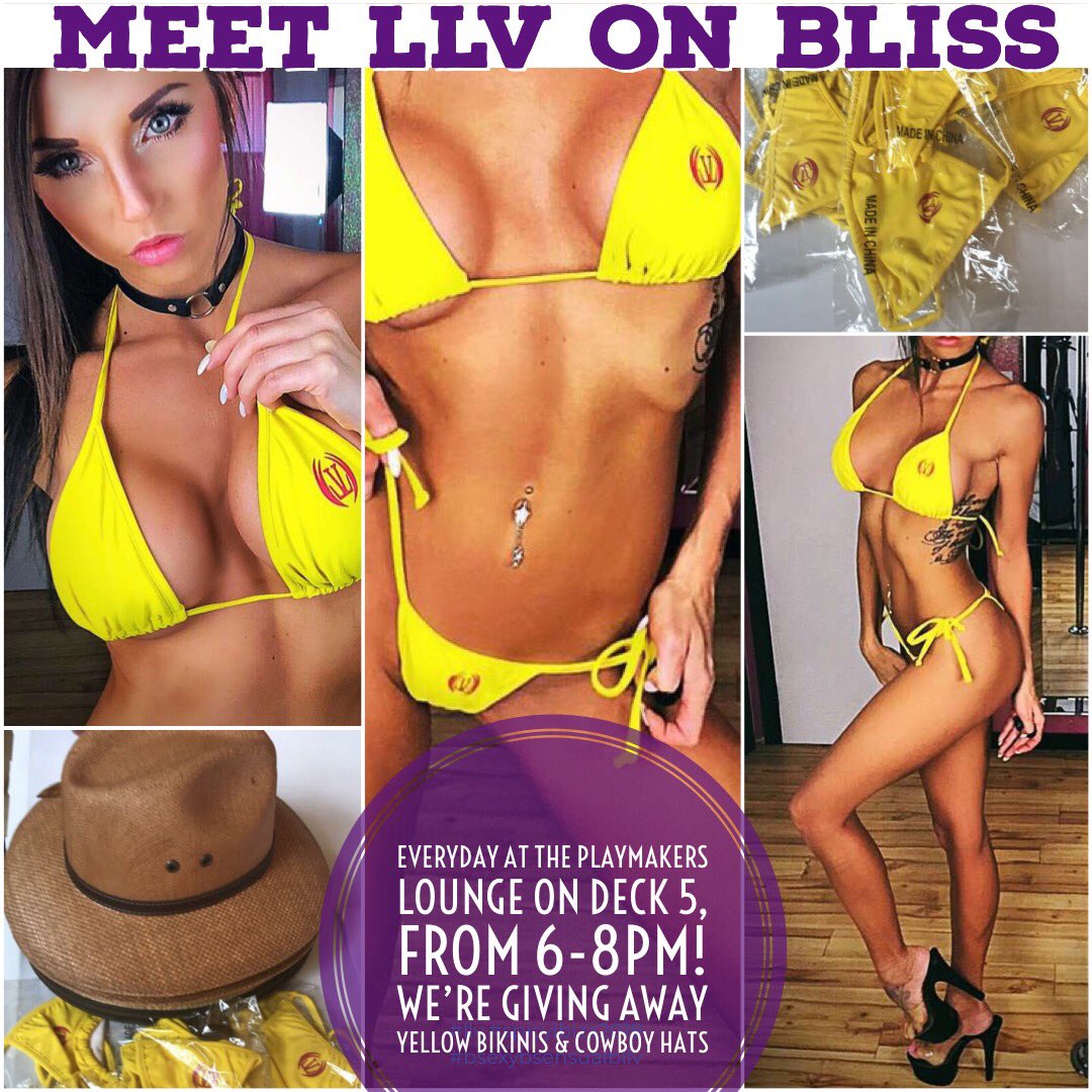 LLVClub's tweet photo. Going on the @BlissCruise ? Meet LLV, Everyday at the Playmakers lounge on Deck 5 from 6-8pm! We’re giving away some itsy, bitsy, teeny, wheeny stuff! 😉👙💛 #Lifestyle #AdultsOnly #LuxuryTravel #ClothingOptional #YellowBikini #CowboyHats #TeamLLV https://t.co/ww86pDQemI