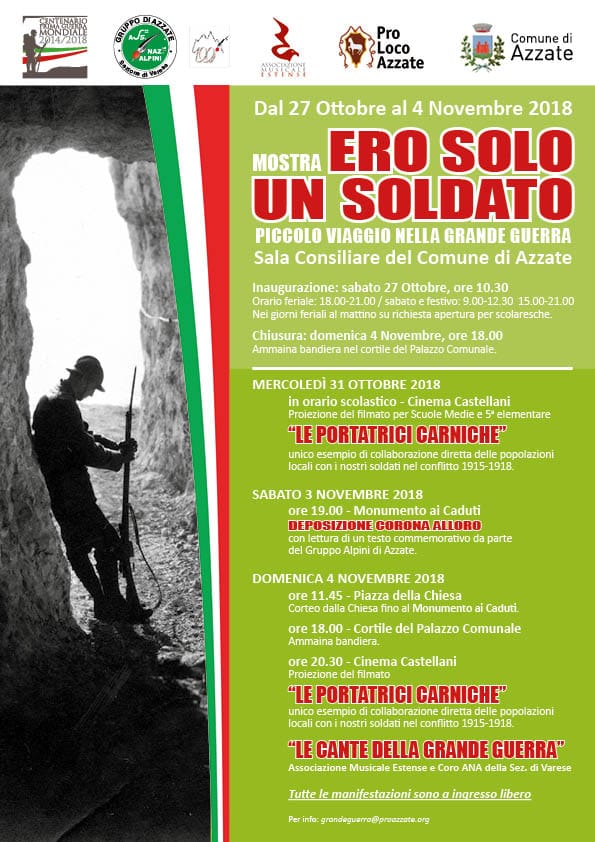 In occasione del #centenario della #primaguerramondiale, ad Azzate, in Provincia di Varese, dal 27 Ottobre al 4 Novembre, mostra emozionale "Ero solo un soldato" #WW1 #varese #grandeguerra #4novembre   - OGGI APERTO DALLE 18 ALLE 21 - proazzate.org/news.php?n=251