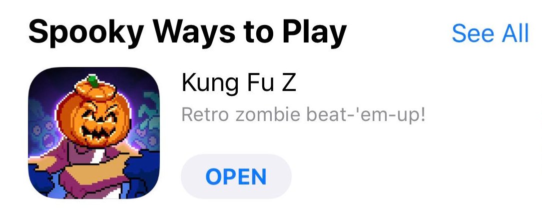 TinyTitanGames's tweet photo. A huge thank you to the @AppStore for featuring both Tiny Rails and Kung Fu Z in the @AppStoreGames Spooky Ways to Play section!
Download Tiny Rails and Kung Fu Z for free in the App Store!
#mobilegame #halloween #iOS #gamedev #indiegame #kungfuz #tinyrails #appstore https://t.co/e68KxfPerE