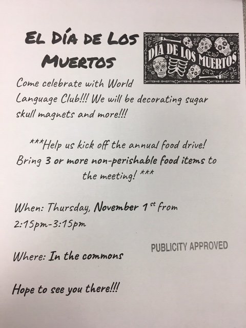 SrtaDrain's tweet photo. World Language Club's Día de los Muertos event is this Thurs. Nov. 1st after school. Check out the flyer our officers made for more info and remember to bring your 3 (or more) nonperishable food items to the meeting to help us kick off our 9th annual Food Drive! 😀🌺💀 🥫#THSWLC https://t.co/qTm5ulh6HE