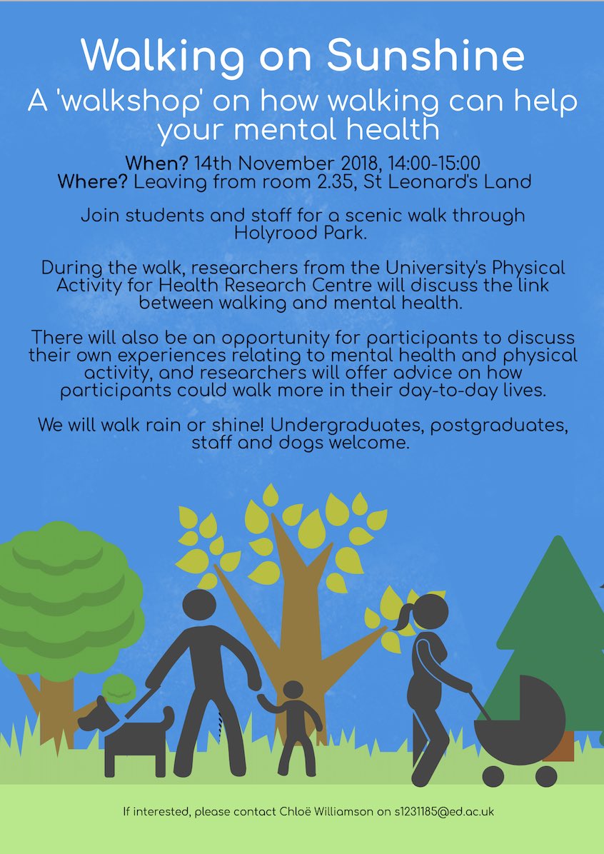 Chlobobs_'s tweet photo. Week beginning 12th November is @EdinburghUni’s mental health and well-being week. We’ve organised a walkshop to highlight benefits of walking for mental health. Come and join us, all staff and students welcome! 🍁 https://t.co/h9IMPFuJRA