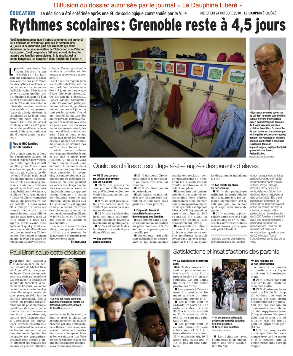 '#Éducation #RythmesScolaires : #Grenoble reste à 4,5 jours. La décision a été entérinée après une étude sociologique commandée par la Ville'.

Merci à @ledauphine d'autoriser la diffusion du dossier d'@EveMoulinier du 24/10/2018 !

[ et + d'infos sur : grenoble.fr/479-temps-enfa… ]