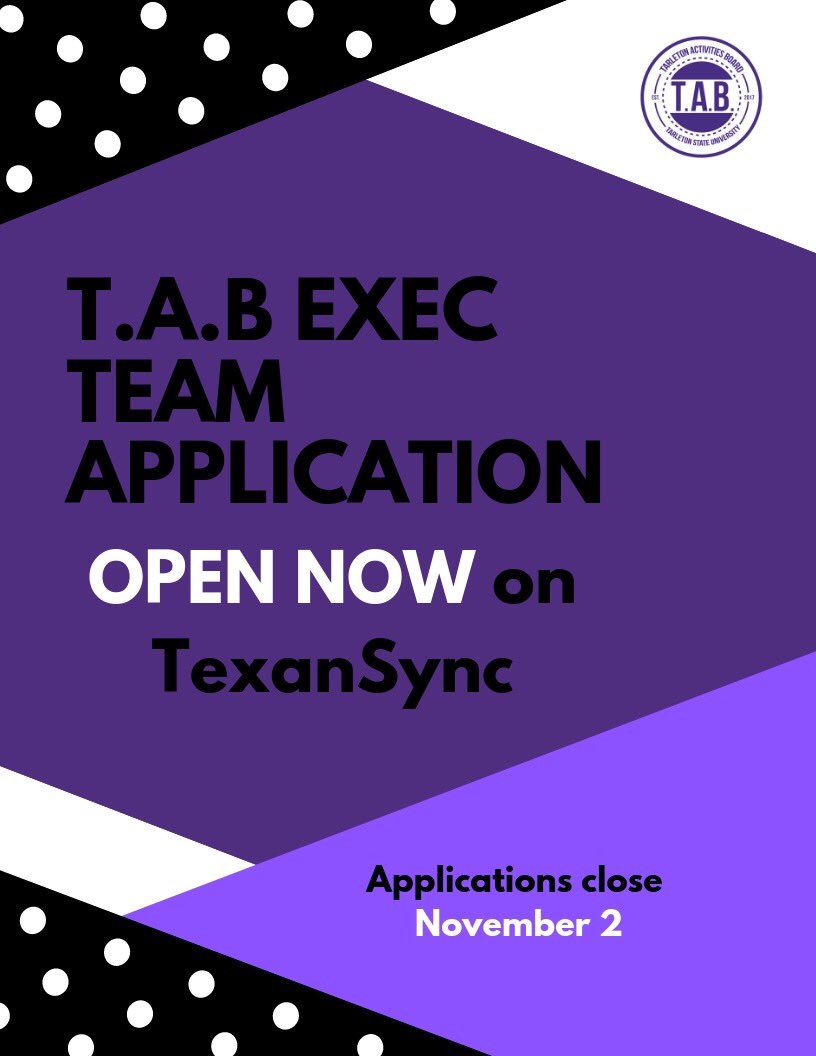 tarleton_tab's tweet image. This week’s agenda: 
Halloween Carnival- Today!
Haunted House- Tuesday (free for students) 
TAB Exec Team Application closes-Friday