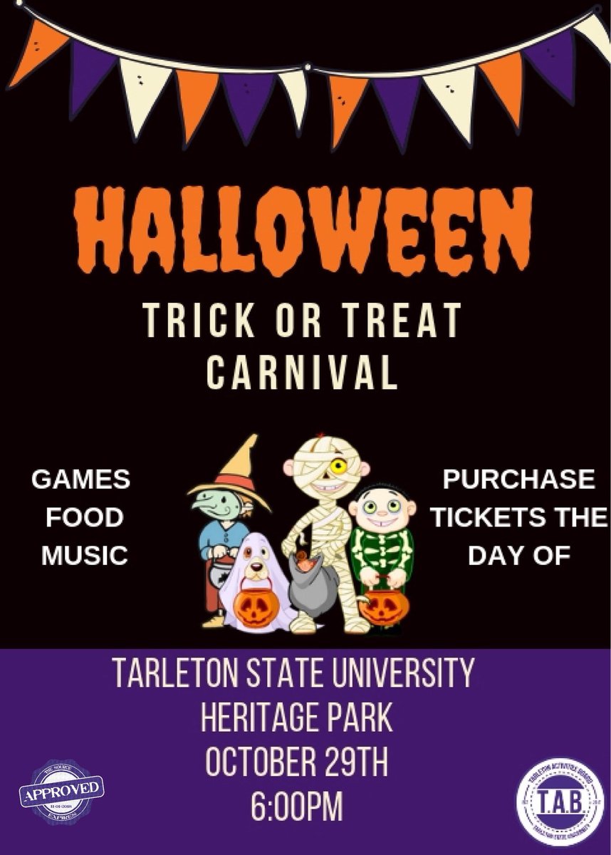 tarleton_tab's tweet image. This week’s agenda: 
Halloween Carnival- Today!
Haunted House- Tuesday (free for students) 
TAB Exec Team Application closes-Friday