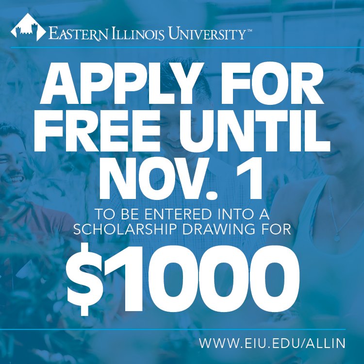 There are only a few days left to apply online for free! And now you'll be entered into $1000 scholarship drawing if you've applied to #EIU before Nov. 1 for Summer or Fall 2019. Two winners will be randomly selected on Nov. 2! eiu.edu/apply