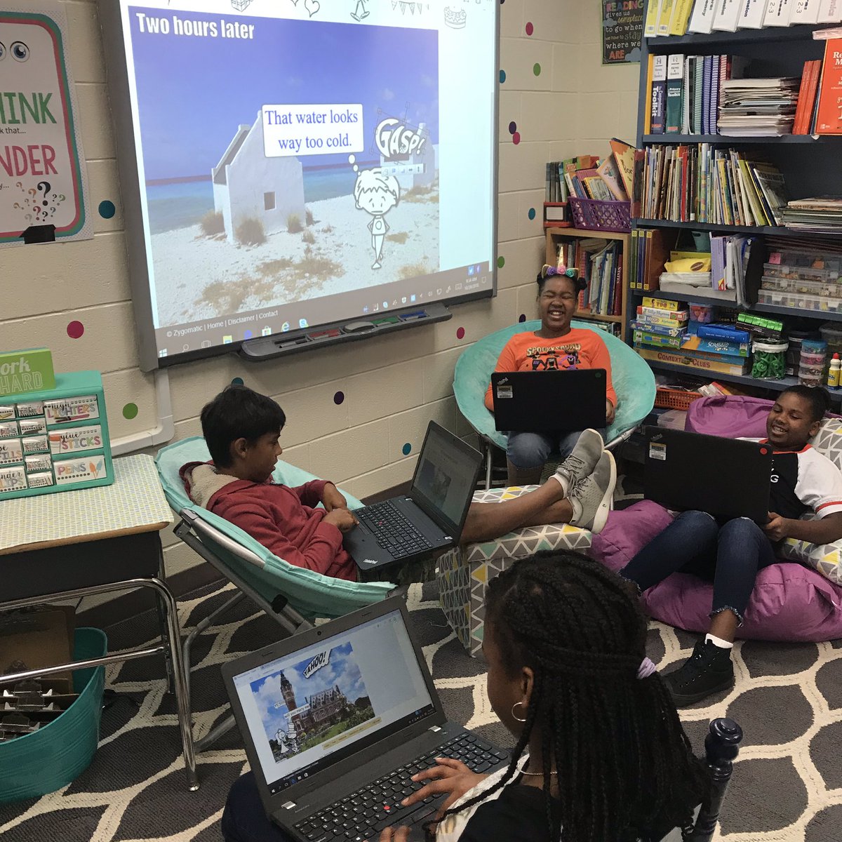 Wrapping up our Graphic Novels study with ToonyTool.com. 5th Graders are creating their own images using the elements you find in graphic novels: speech/thought bubbles, onamonapia, and narration boxes. Such a fun way to start off the week! #AshlandSOAR