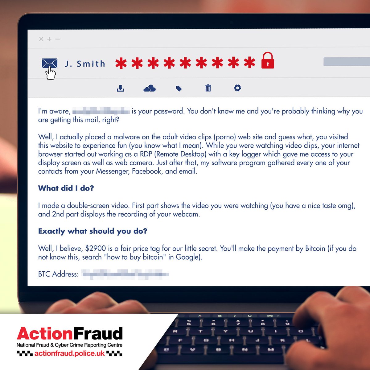 reportfrauduk's tweet photo. ⚠️ Alert: We are receiving thousands of reports about #sextortion emails like this one! Don’t reply or be pressured into paying: it only highlights that you’re vulnerable and you could be targeted again: https://t.co/7PinwdBUuy https://t.co/w0GDhcHLT7
