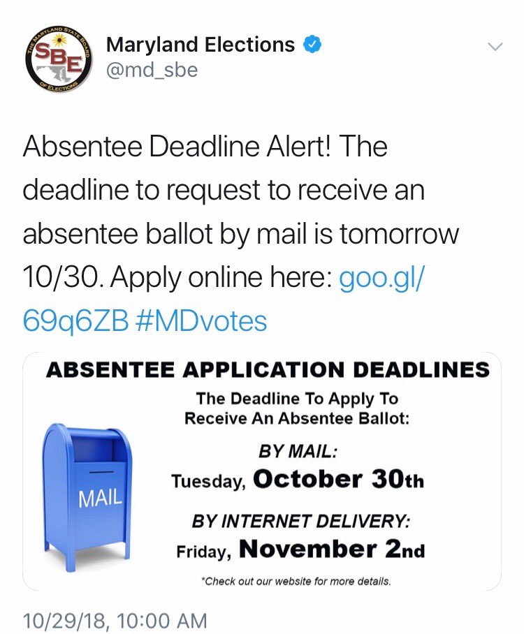 Absentee Deadline Alert! 

⁦<a href="/PenaMelnykforMD/">Joseline Peña-Melnyk</a>⁩ ⁦<a href="/BenJealous/">Ben Jealous</a>⁩ ⁦<a href="/people4jealous/">The People for Ben Jealous</a>⁩ ⁦@ORPrinceGeorges⁩ ⁦<a href="/WashInformer/">Washington Informer</a>⁩ ⁦<a href="/PGSheriff_PIO/">The Office of the Sheriff- Prince George's Co. MD</a>⁩