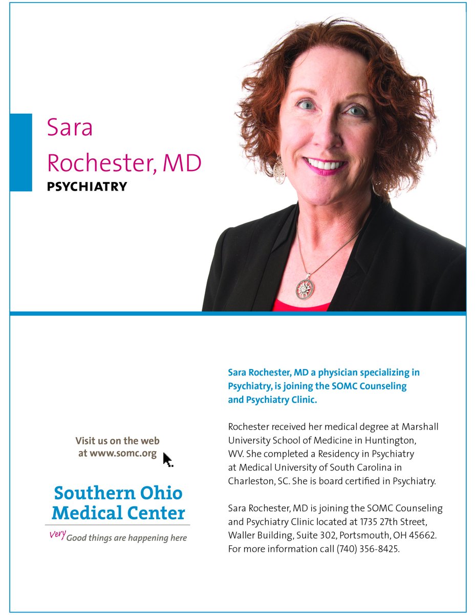 Join us in welcoming Dr. Sara Rochester to SOMC's Counseling and Psychiatry Clinic! For more information, call 740-356-8425.