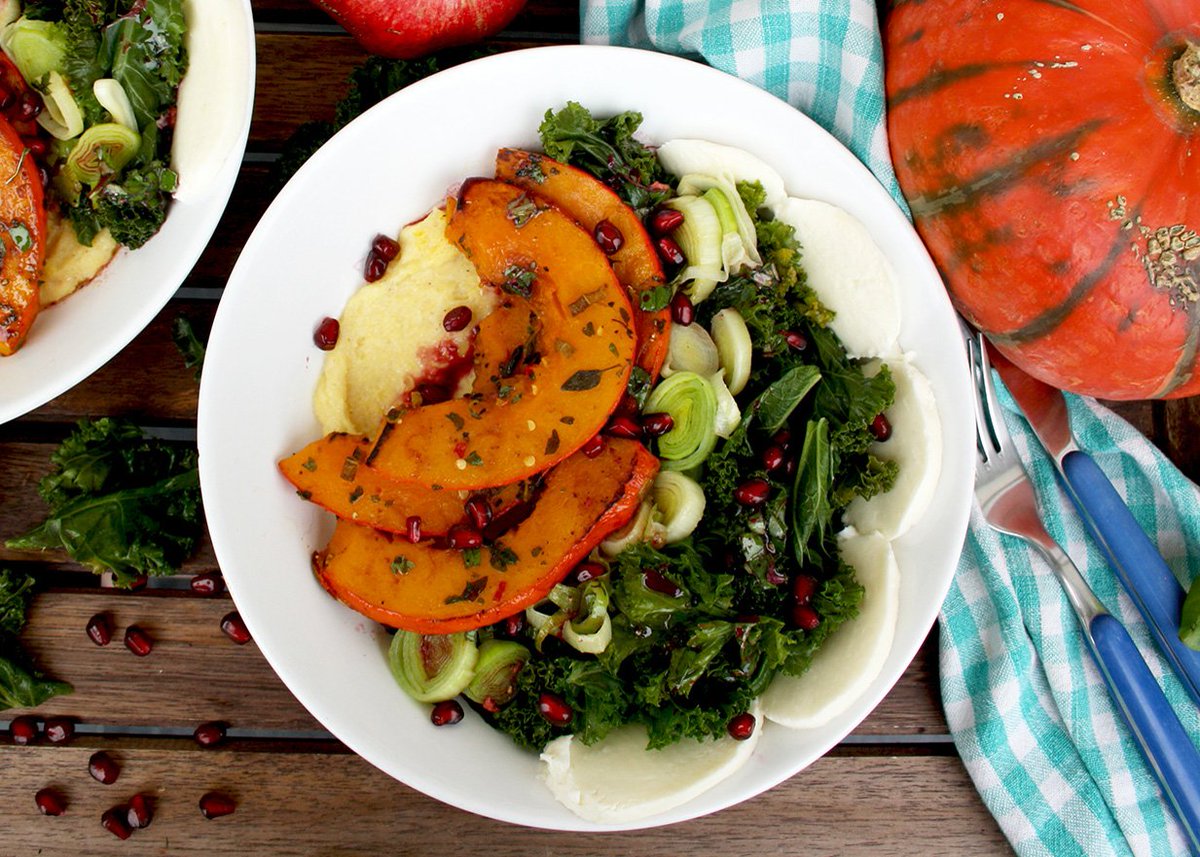Pumpkin, kale, and polenta make for a comforting, seasonal #MeatlessMonday meal from <a href="/ElenaSzeliga/">Elena Szeliga</a>: meatlessmonday.com/recipes/pumpki…